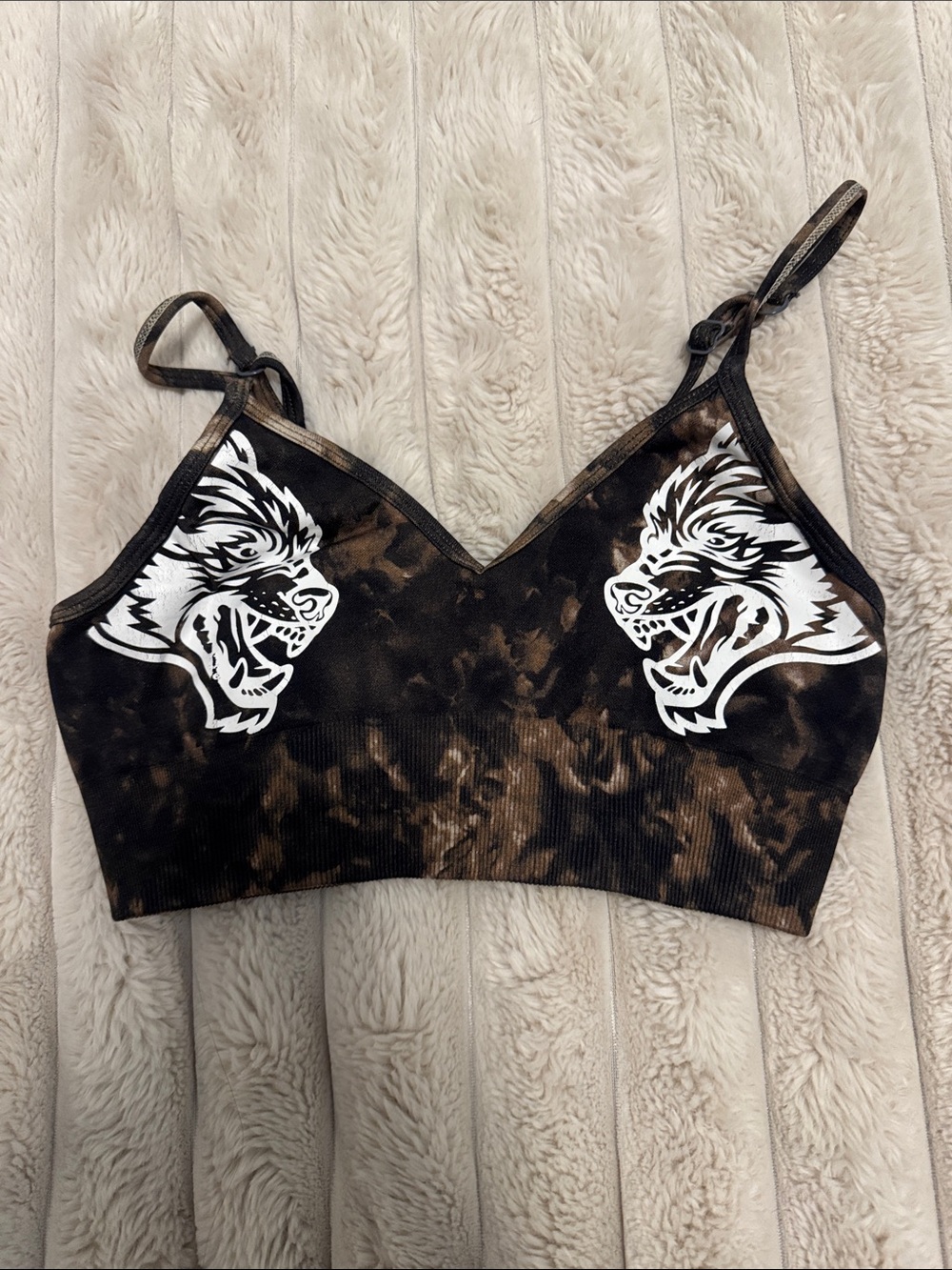 Darc Sport Black & Brown Tie-Dye Sports Bra with White Tiger Prints